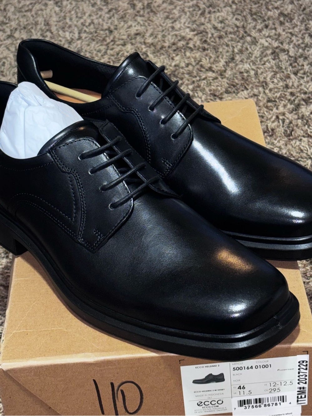 Ecco Helsinki 2 Dress Shoes Men’s Size 46 12-12.5 Bike Toe Black Leather New